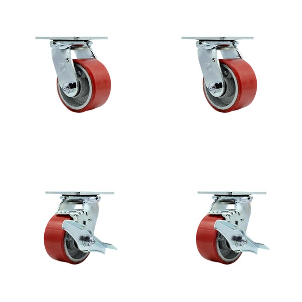 4 Inch Red Poly on Cast Iron Swivel Caster Set with Ball Bearings 2 Brakes SCC